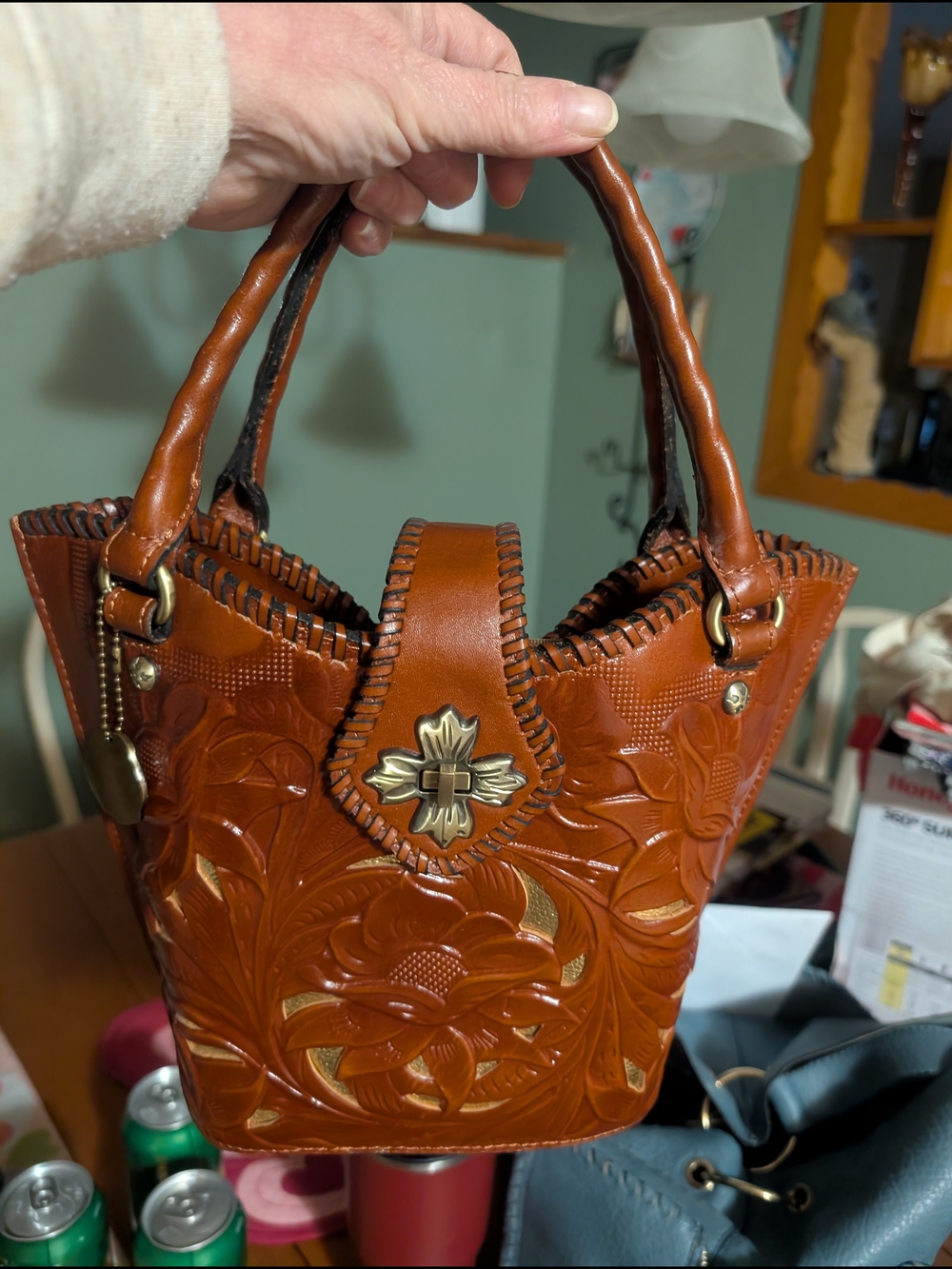 Patricia Nash Ninetta Hand-Tooled Floral Leather Satchel in Cognac